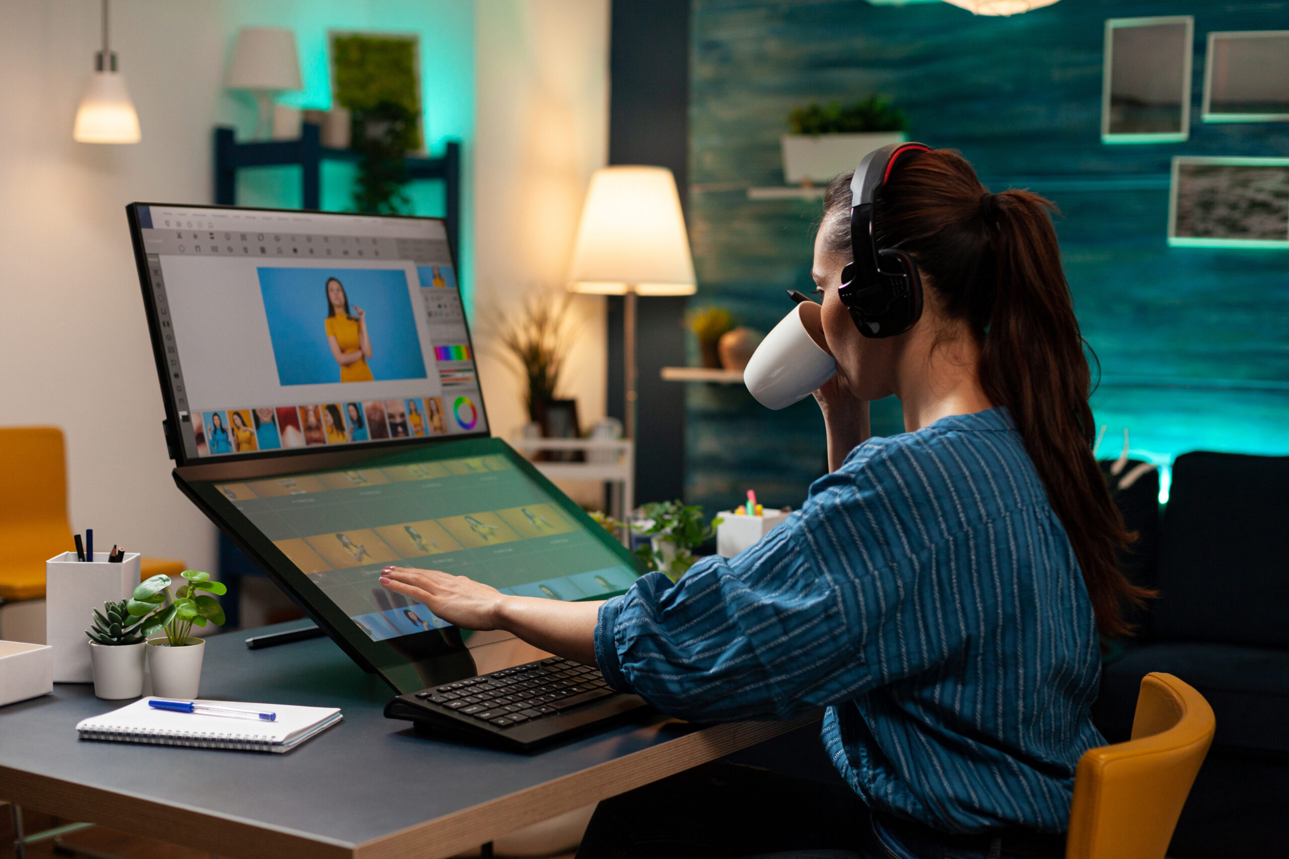 Woman with editor occupation wearing headphones Graphic Design